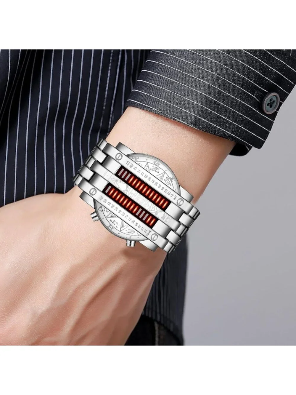 Mens Silver Orange Analog Quartz Bracelet Waterproof Binary Matrix Digital Watch